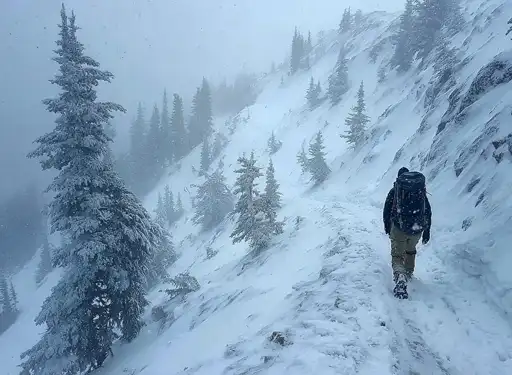 A solo hiker walking up a mountain trail in the winter while it is snowing