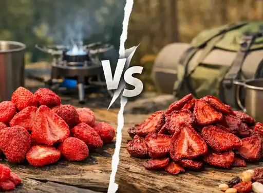 Split screen showing and comparing freeze-dried strawberries to dehydrated sliced strawberries on a picnic table