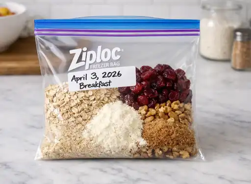A close up photo of a Ziploc bag of oatmeal, cranberries, powdered milk, walnuts, sitting on a white marble countertop