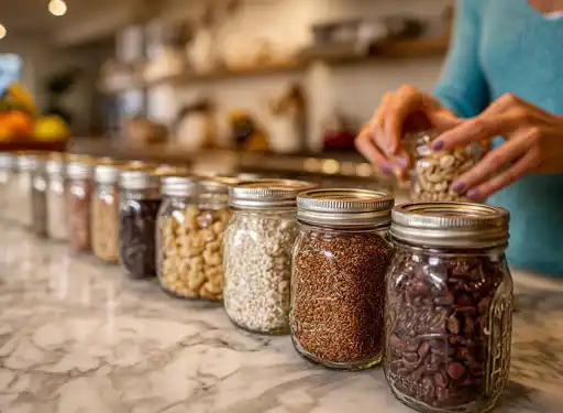 Showing several canning jars filled with food ingredients ready for the pantry