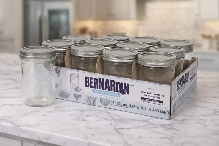 A photo showing a box of a dozen Bernardin canning jars for home storage