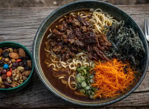 Close up photo of a bowl of ramen with rehydrated carrots, beef jerky, green onions, and sea weed, and a bowl of trail mix