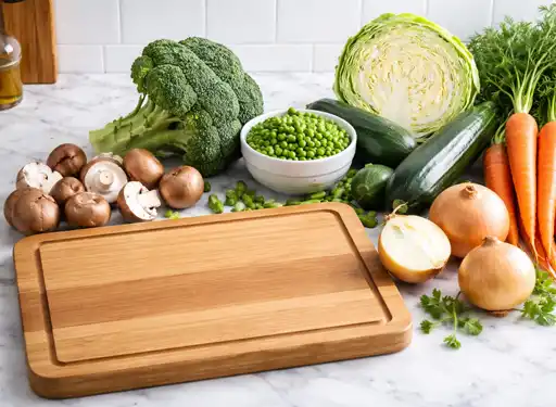 A white marble countertop with a variety of vegetables for dehydrating