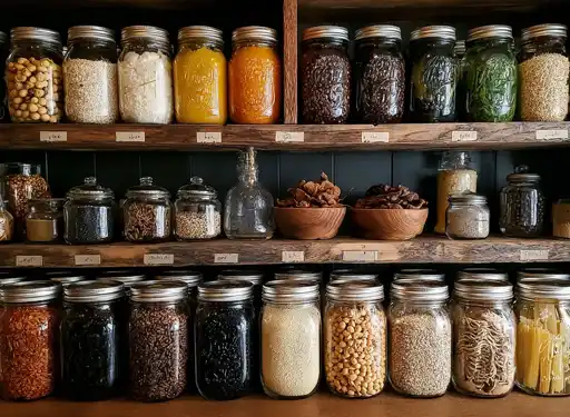 Showing a home kitchen pantry with a variety of mason jars filled with dehydrated ingredients