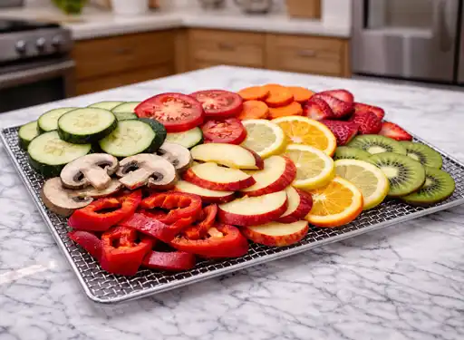A kitchen scene of a dehydrator rack on a counter top filled with a variety of food placed on the rack incorrectly