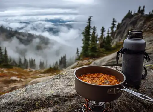 An alpine mountain scene with a pot of soup rehydrating on a camp stove