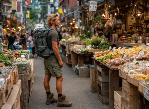 A hiker man shopping at an urban food market