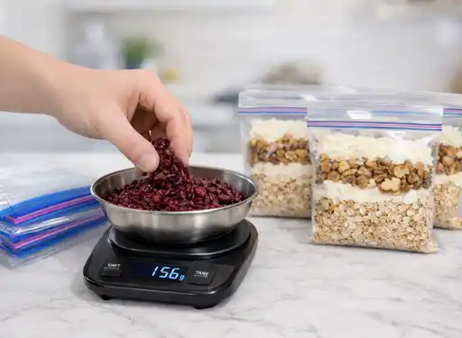 A hand measuring cranberries on a scale for breakfast meal prepping