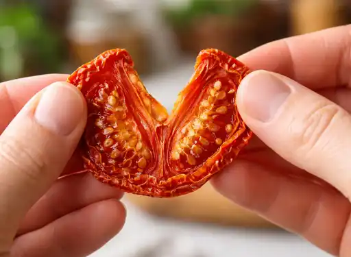 A close up photo of a hand pulling apart a partially dehydrated tomato slice