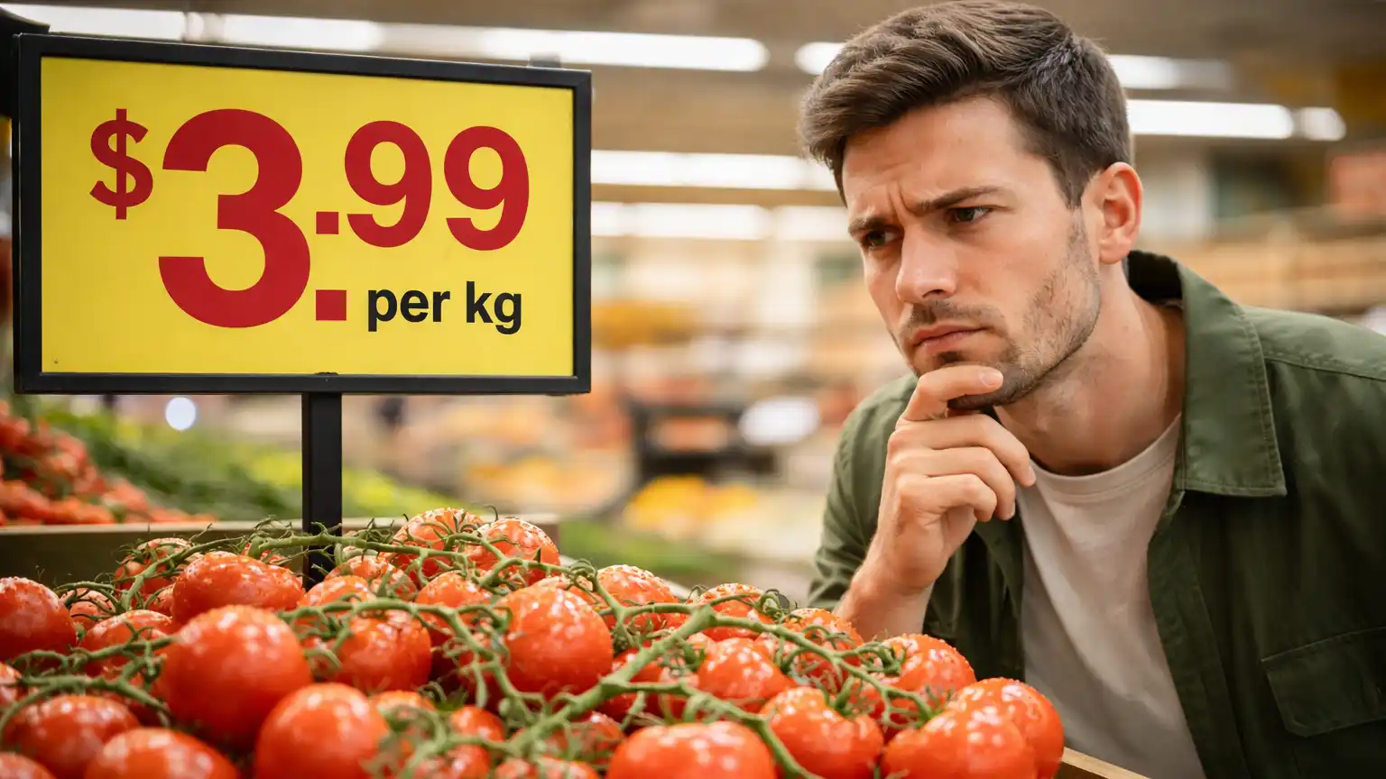 A photo of a man pondering over the price of tomatoes in a grocery store