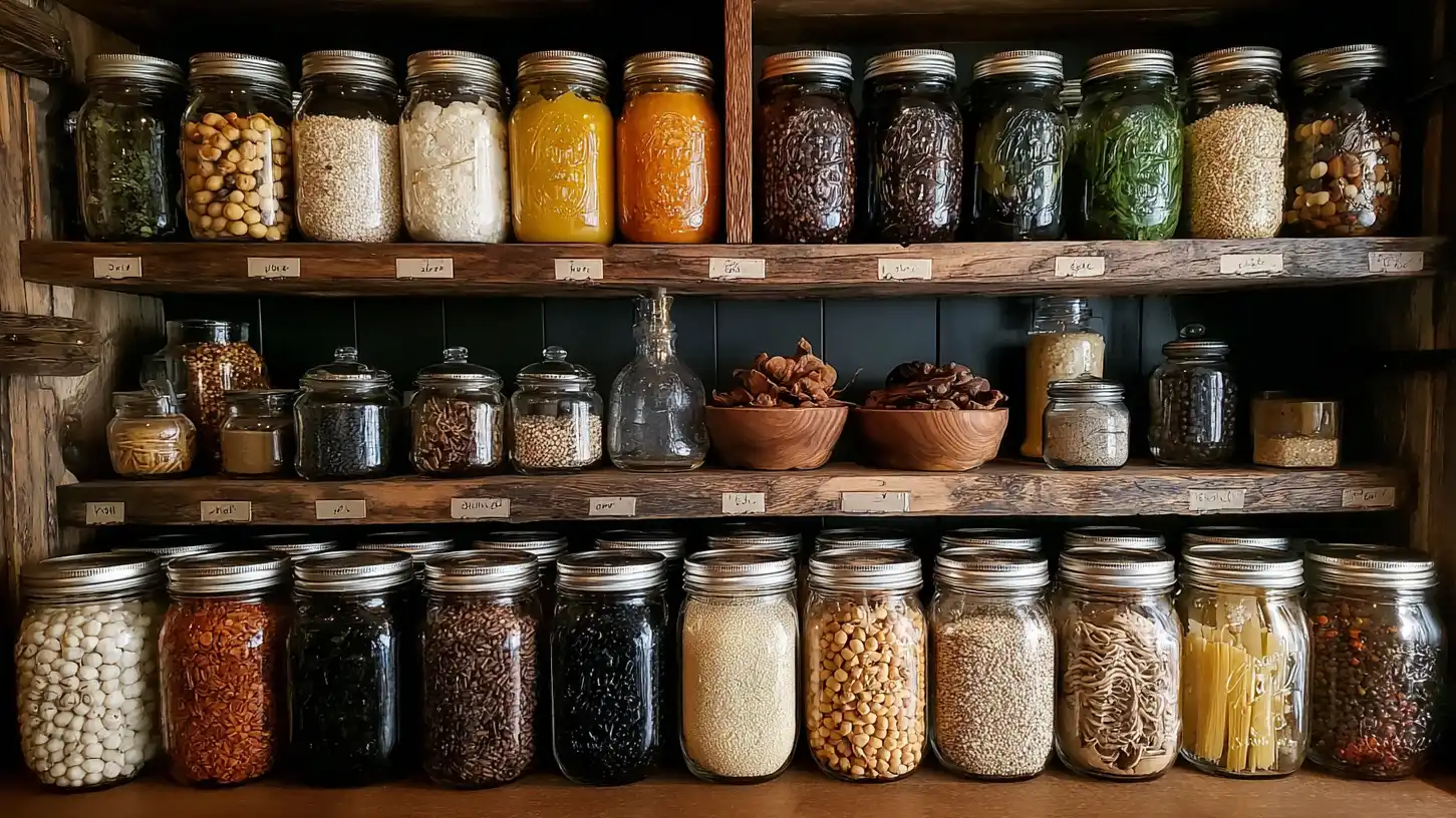 A collection of canning mason jars with a wide variety of dehydrated ingredients on wood shelving