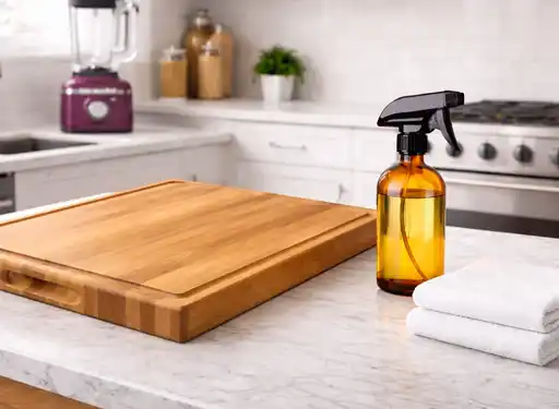 A kitchen scene showing a counter with a cutting board, a sanitizing spray bottle, and a stack of cloths