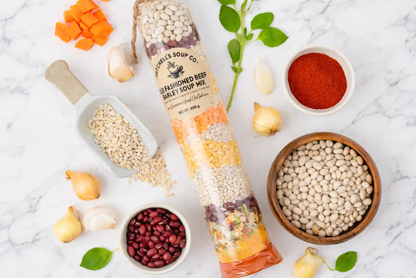 A photo from top down looking at the package of soup surrounded by its ingredients