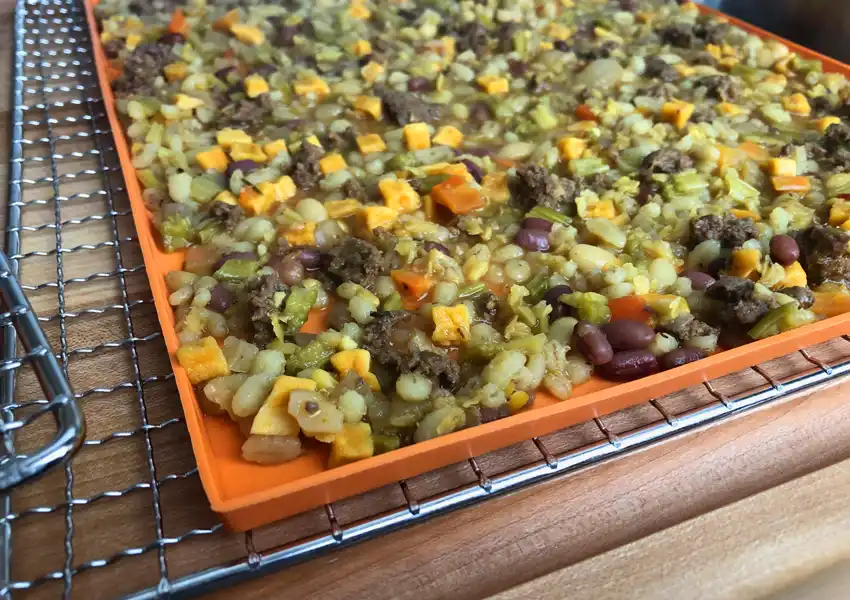 A close-up photo of the soup spread out onto the silicon mats and ready for drying