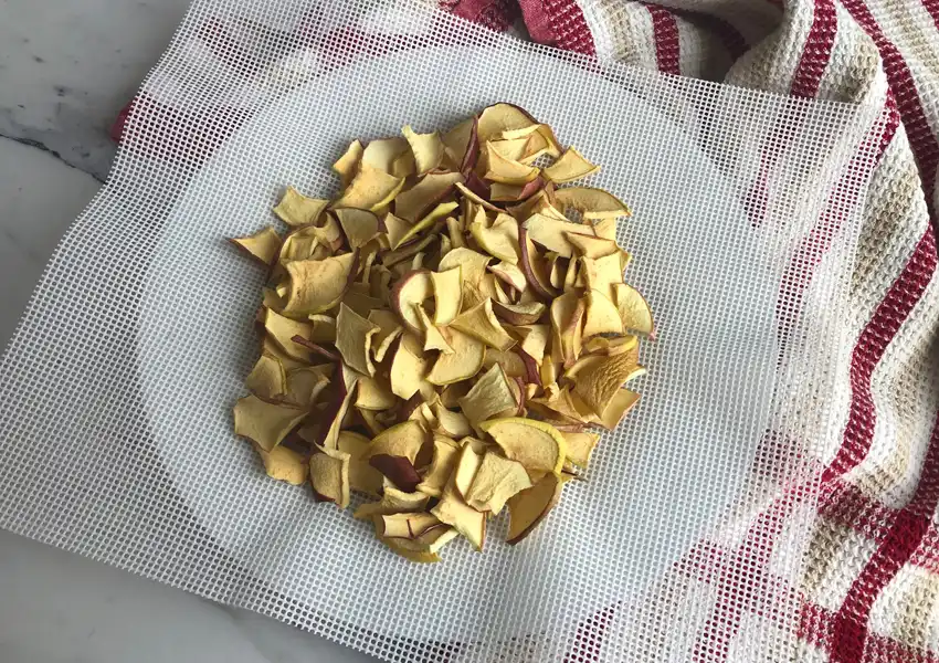 Dehydrated apples cooling off to the side before storage