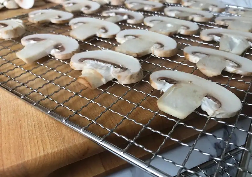 Placing sliced mushrooms on a dehydrator rack