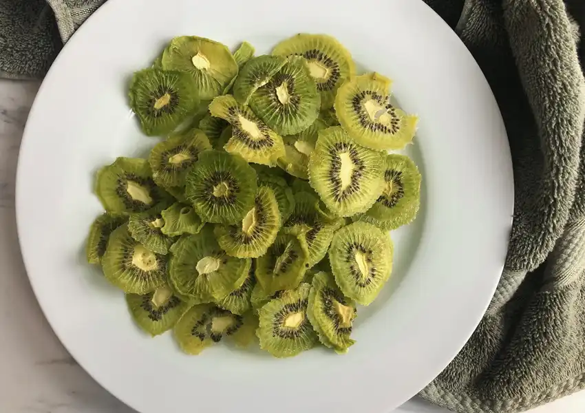 A plate full of dehydrated kiwi slices ready to be stored