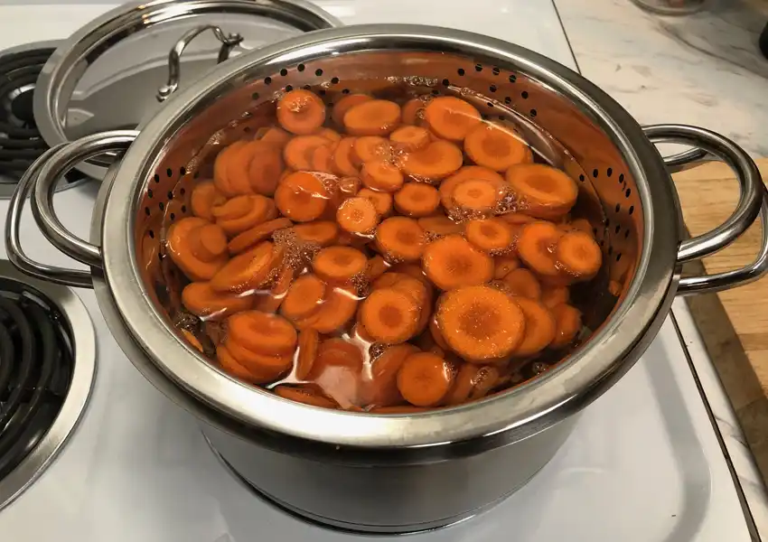 Showing a pot of simmering water on the stove with the prepared coin carrots being blanched