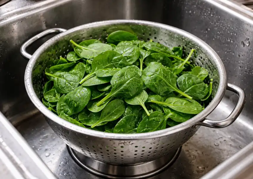 A photo of a stainless steel colander with fresh washed baby spinach leaves