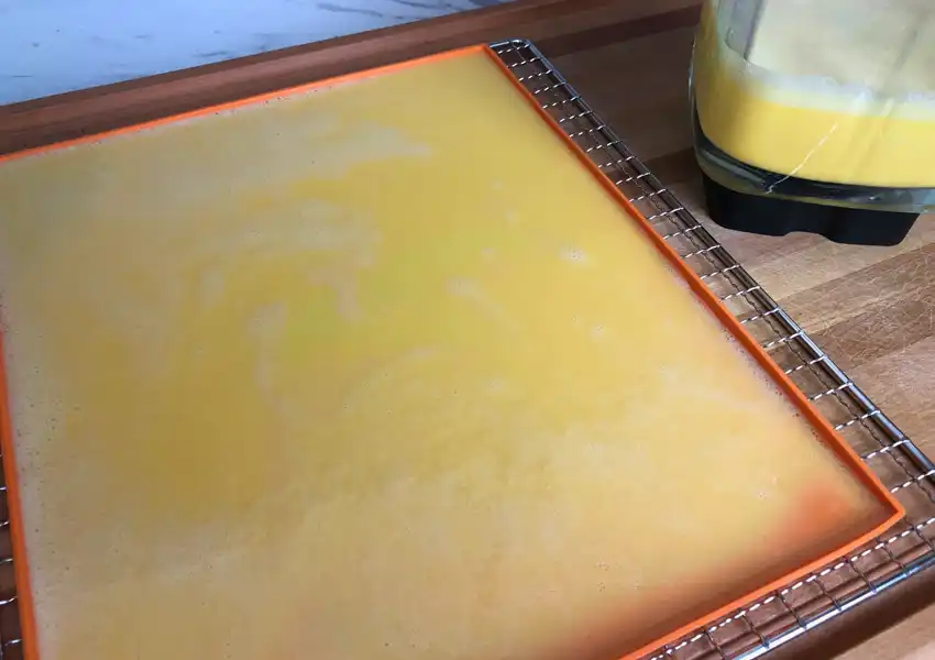 Showing a silicone tray with the blended egg poured into it for drying