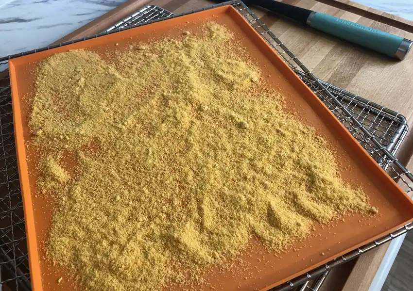 Showing the ground eggs spread out on a tray to dry more