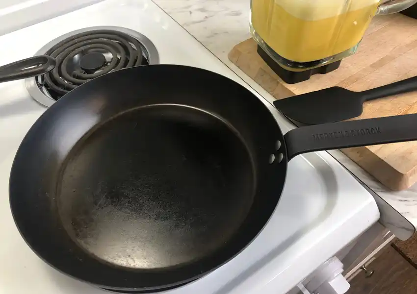 Top view of a carbon steel pan for cooking eggs