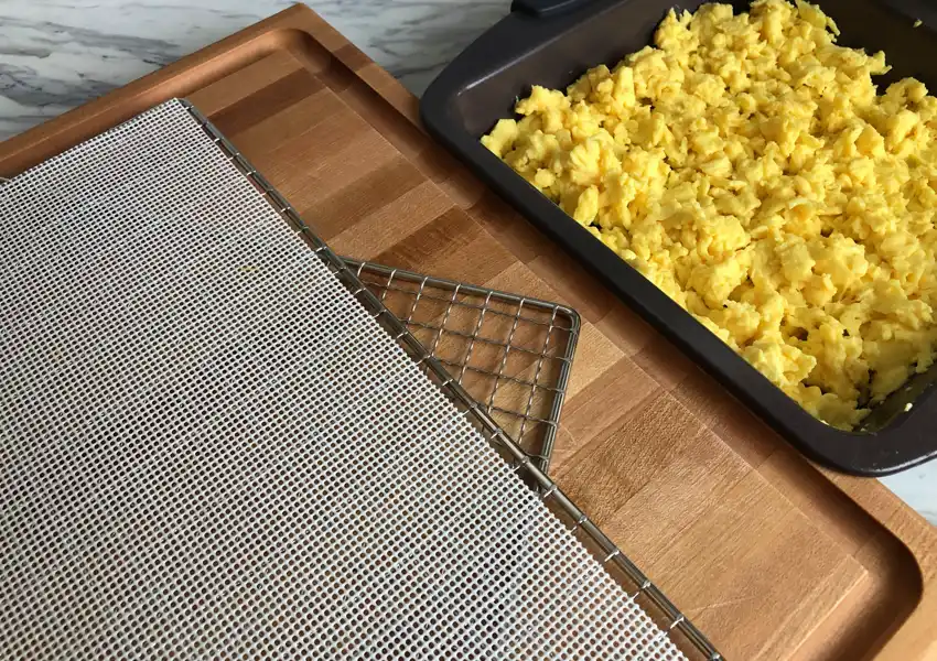 Showing a dehydrator tray with a silicone mesh sheet on a rack for the eggs