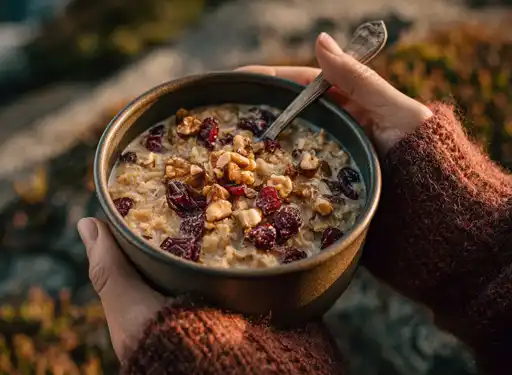 A person's hand holding a bowl of oatmeal with walnuts and dried cranberries and a campsite backdrop