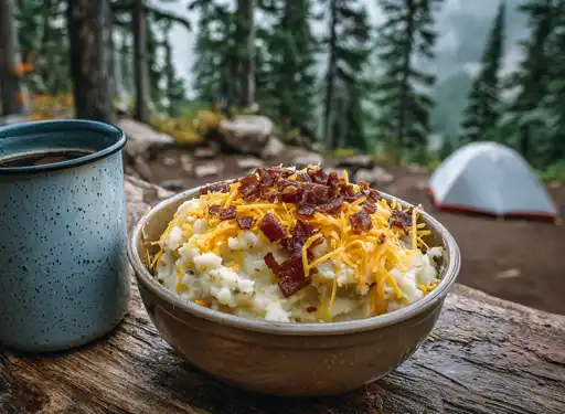 A camping site scene with a mug of coffee and a bowl of mashed potatoes, cheddar, and bacon bits