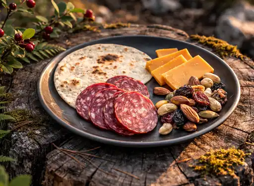 A plate with a variety of salami, cheese, trail mix, and a tortilla, sitting on a tree stump