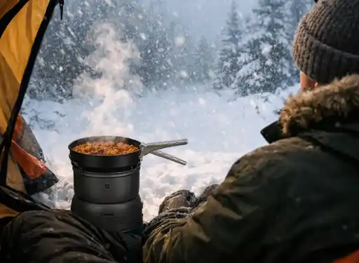 A hiker is sitting in his tent during a snow storm watching his food cooking at the doorway