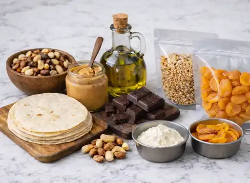 A variety of high-calorie food for backpacking on a white marble counter