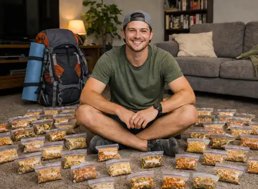 A young man sitting in the middle of the floor surrounded by portions of backpacking meals