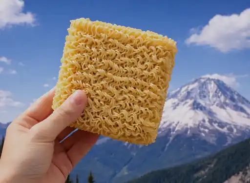 A hand holding up a block of ramen noodles with a backdrop of a mountain