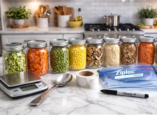 A bright kitchen counter showing mason jars of dehydrated ingredients, Ziploc bags, labels, and a food scale