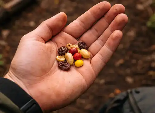 A close up of a hand with just a few pieces of trailmix when on the trail