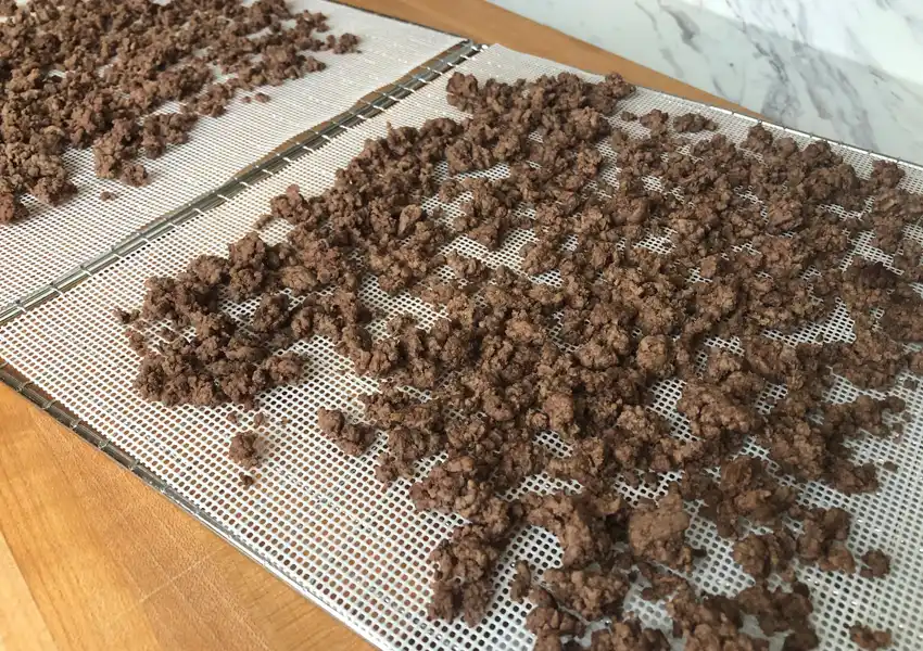 Spreading the ground beef on dehydrator trays to dry