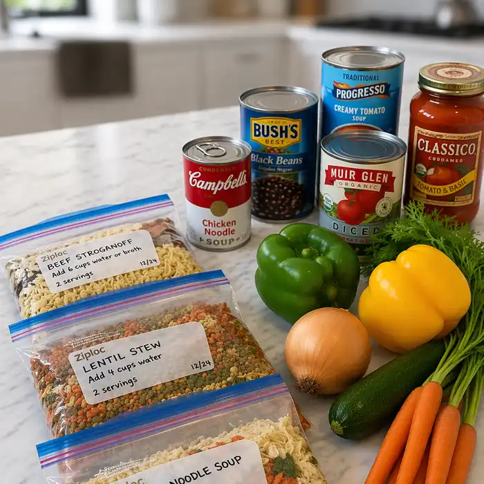 showing a display of fresh canned ingredients to dehydrated meals