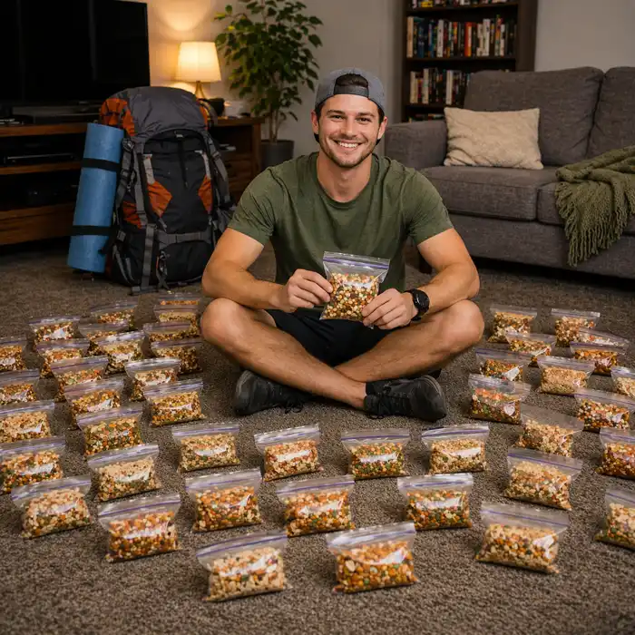 showing a display of ziploc bags of dehydrated food surrounding a hiker