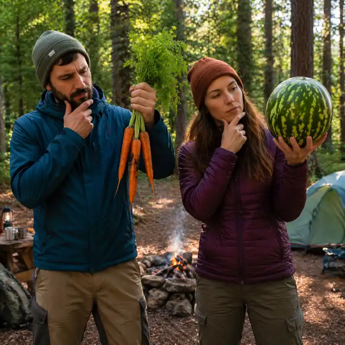 showing a pair of hikers holding up fresh carrots and watermelon, wondering what to do