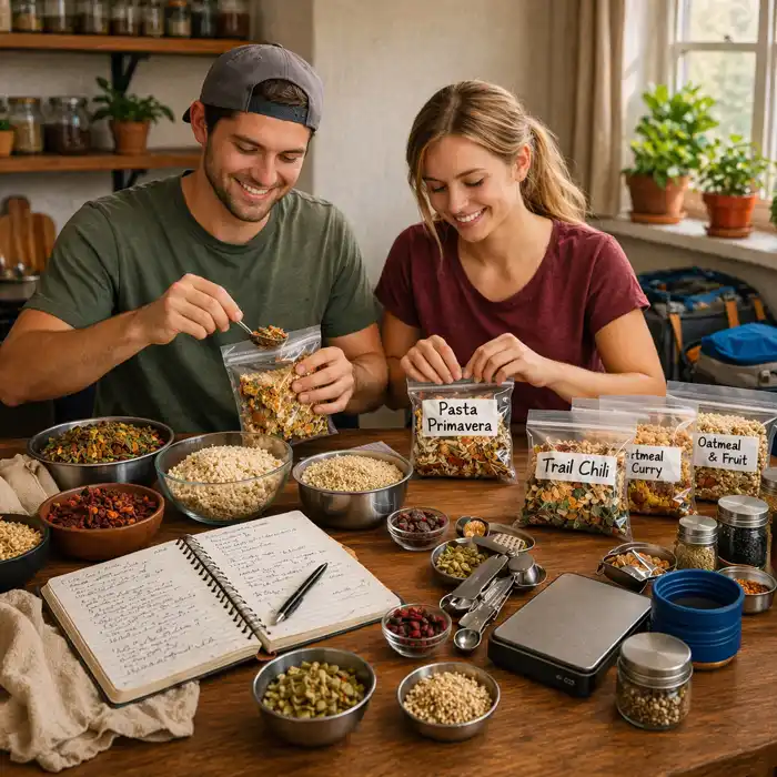 showing two people assembling dehydrated meals into ZipLoc bags