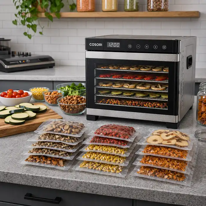 showing a food dehydrator surrounded by foods that are dehydrated and fresh
