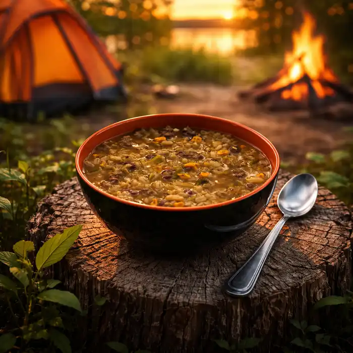 showing a fresh bowl of soup in a campsite landscape background